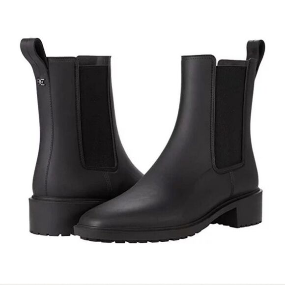 New SAM EDELMAN SUE RUBBER MATTE Rain Boots Stretch Black Chelsea Boots Size 7 - Picture 1 of 8